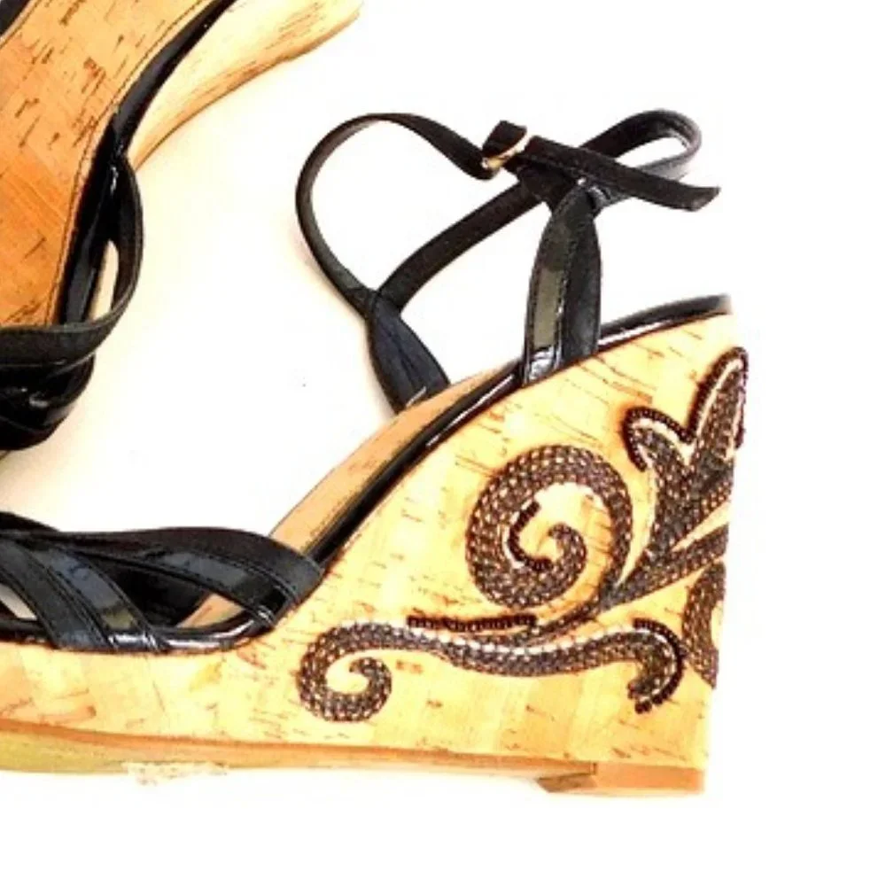 Bandolino Black Leather Embroidered Cork Wedges